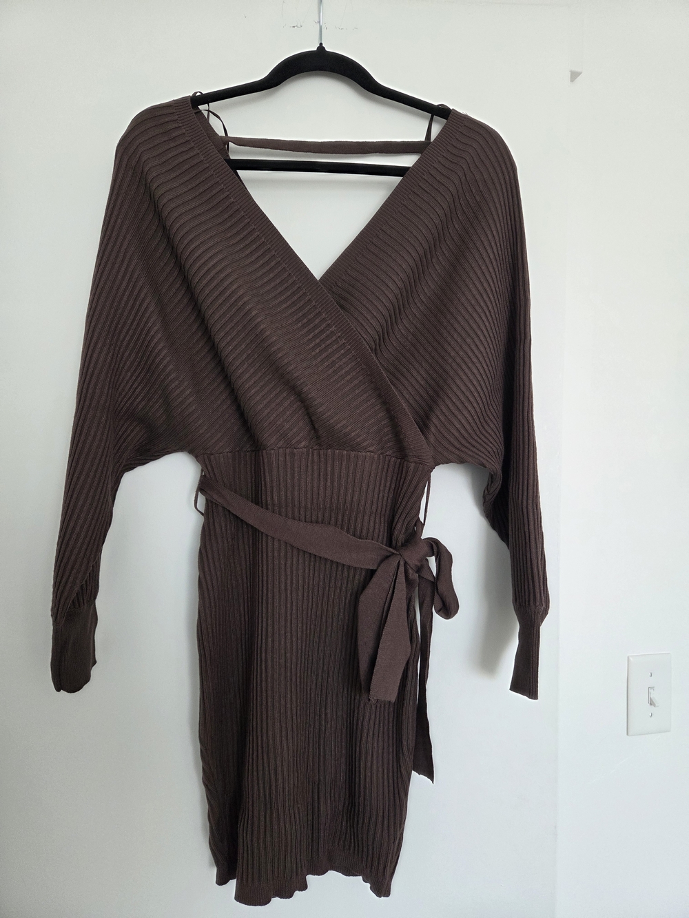 Love Tree Ribbed Wrap Knit Dress - Brown
